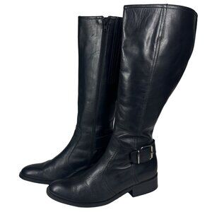 DUO Boots Portugal Black Leather Knee High Riding US 7.5 EU 38 Buckle Detail